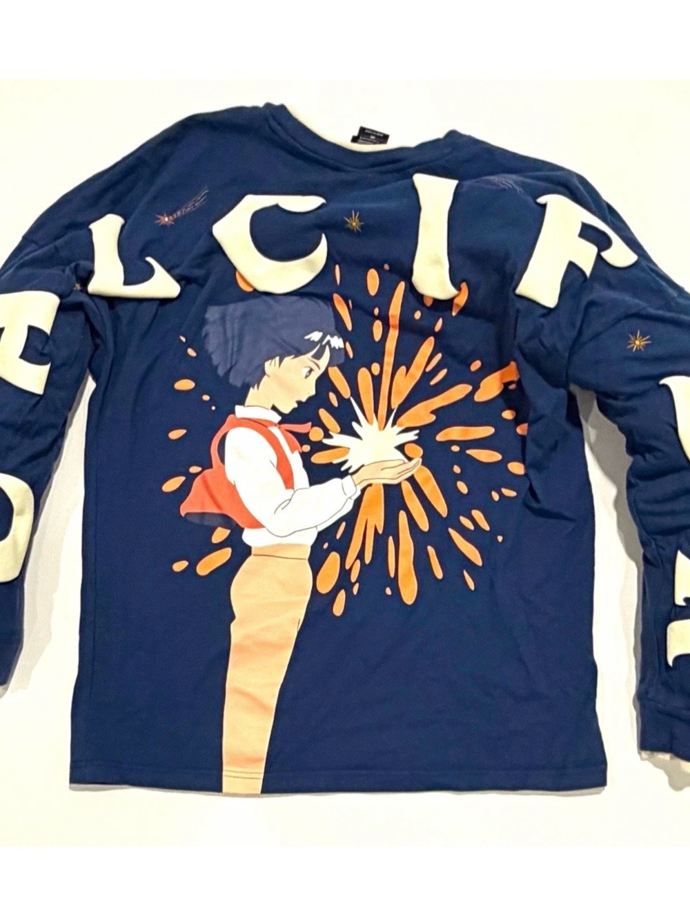 Howl's Moving Castle Calcifer Blue Embroidered Logo Long Sleeve T-Shirt Size Med